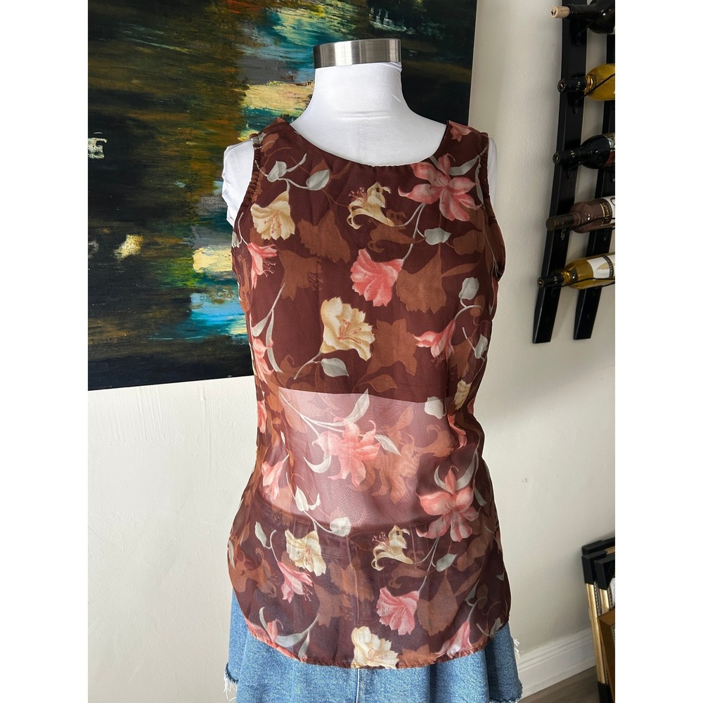 Coco Club Sleeveless Blouse Large Brown Floral Sheer Overlay Camisole Top 2000s